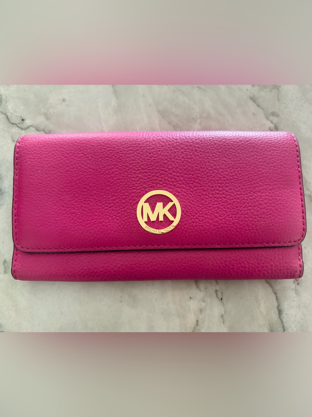 Michael Kors Hot Pink Leather Wallet with Gold MK Emblem